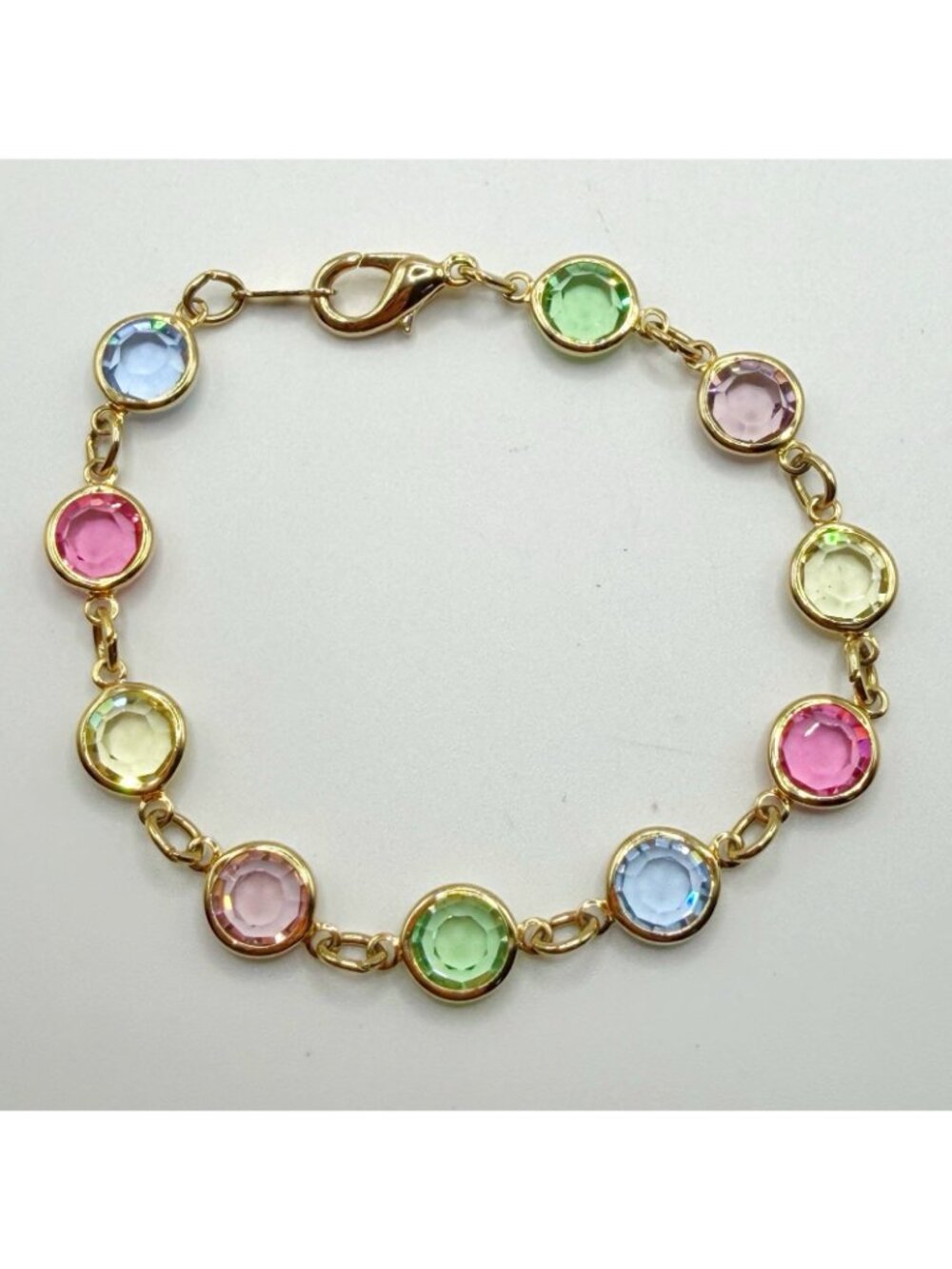 Unmarked Swarovski Gold Tone Pastel Crystal Bracelet Bezel Set Size 7.5” - Picture 3 of 3